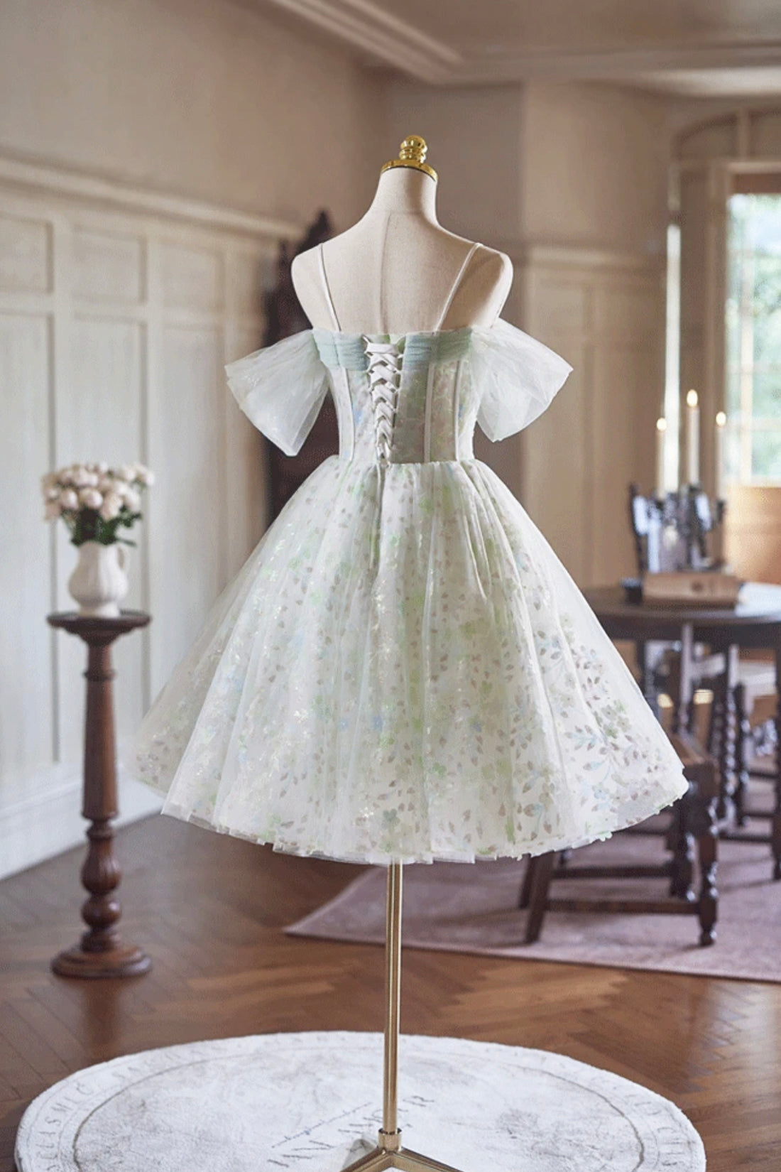 Lovely A-Line Tulle Short Prom Dress, Green Off the Shoulder Evening Party Dress