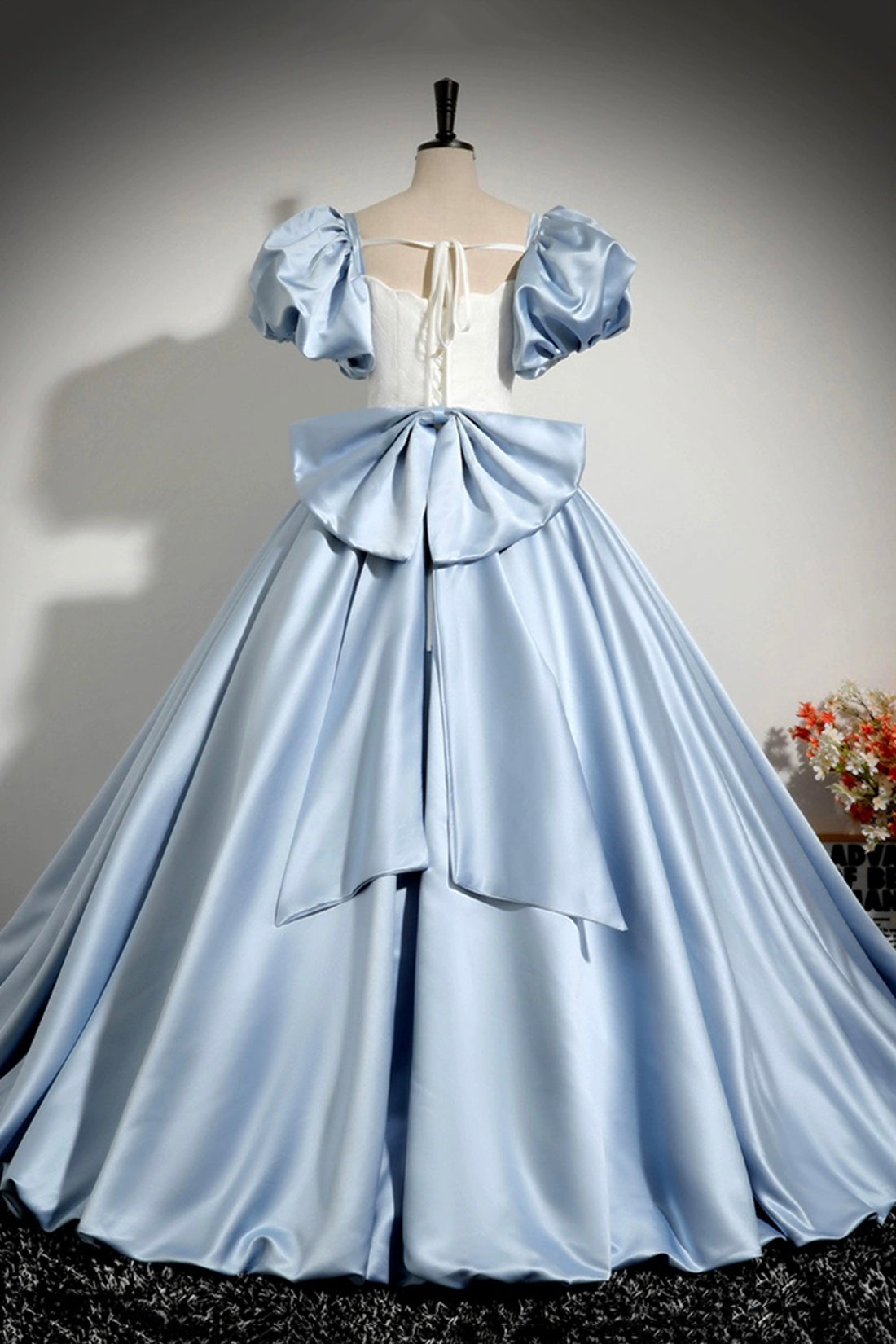 Blue and White Satin Floor Length Prom Dress, A-Line Short Sleeve Evening Party Dress
