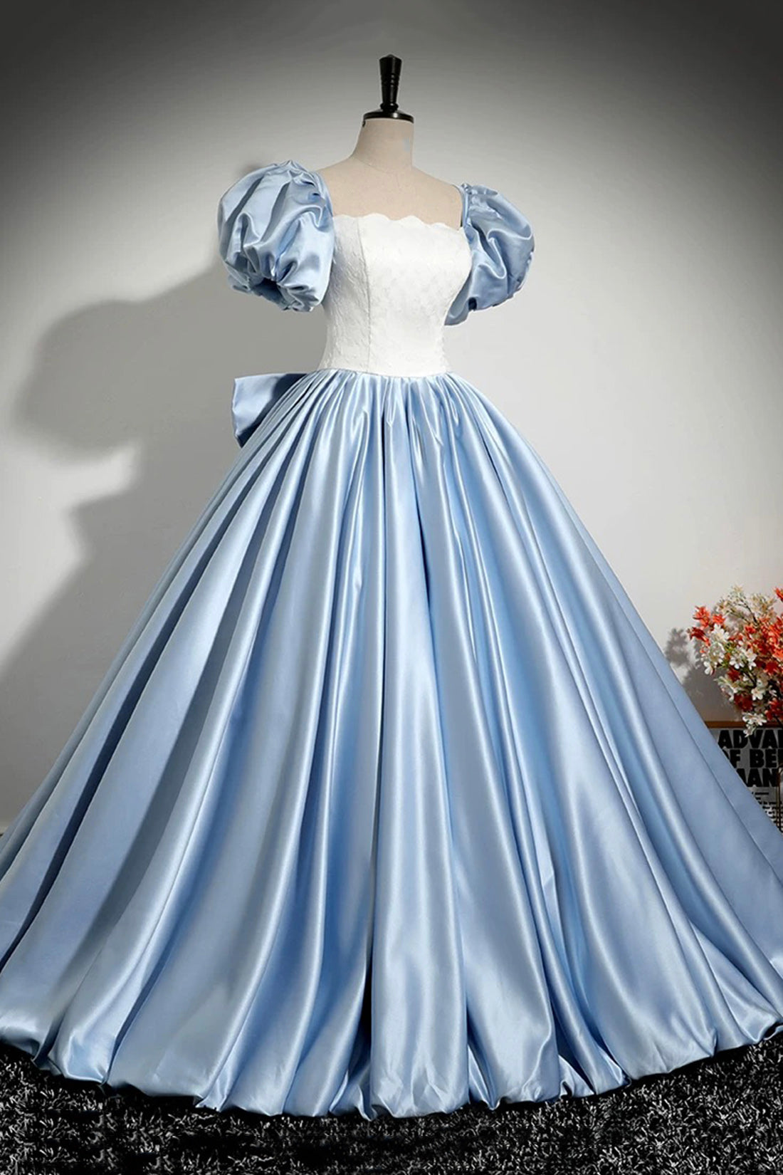 Blue and White Satin Floor Length Prom Dress, A-Line Short Sleeve Evening Party Dress