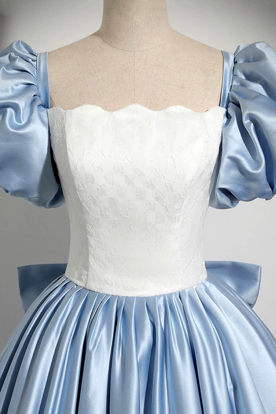 Blue and White Satin Floor Length Prom Dress, A-Line Short Sleeve Evening Party Dress