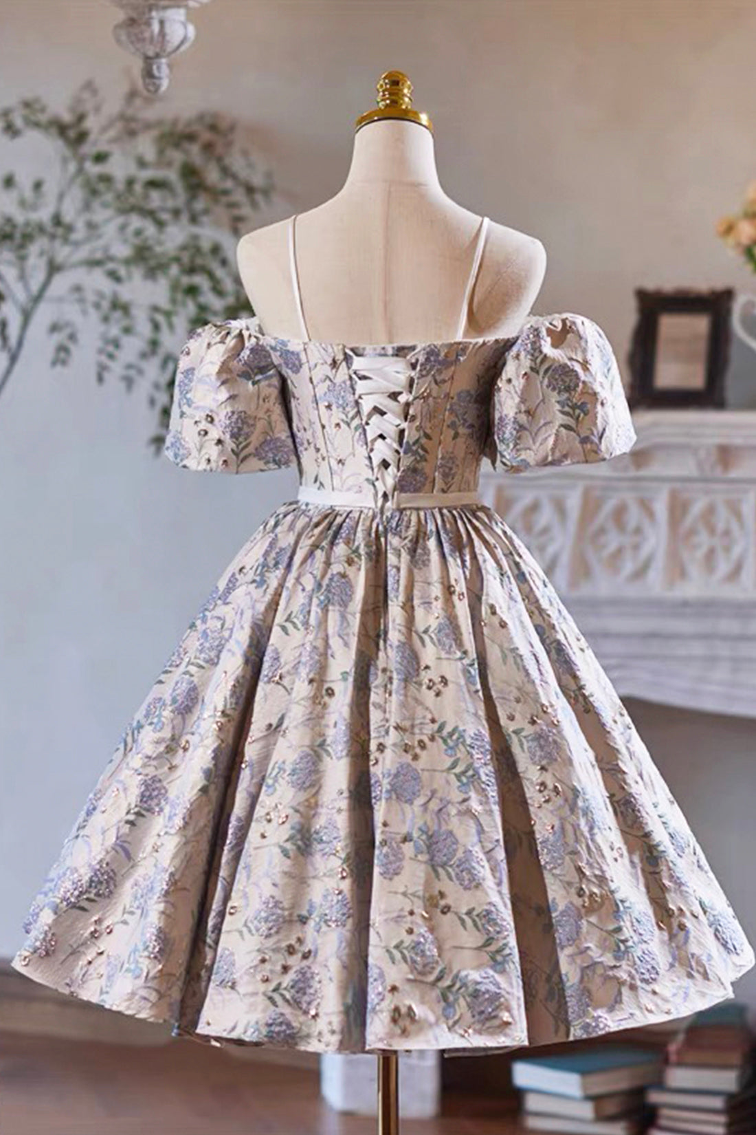 A-Line Print Spaghetti Strap Knee Length Prom Party Dress