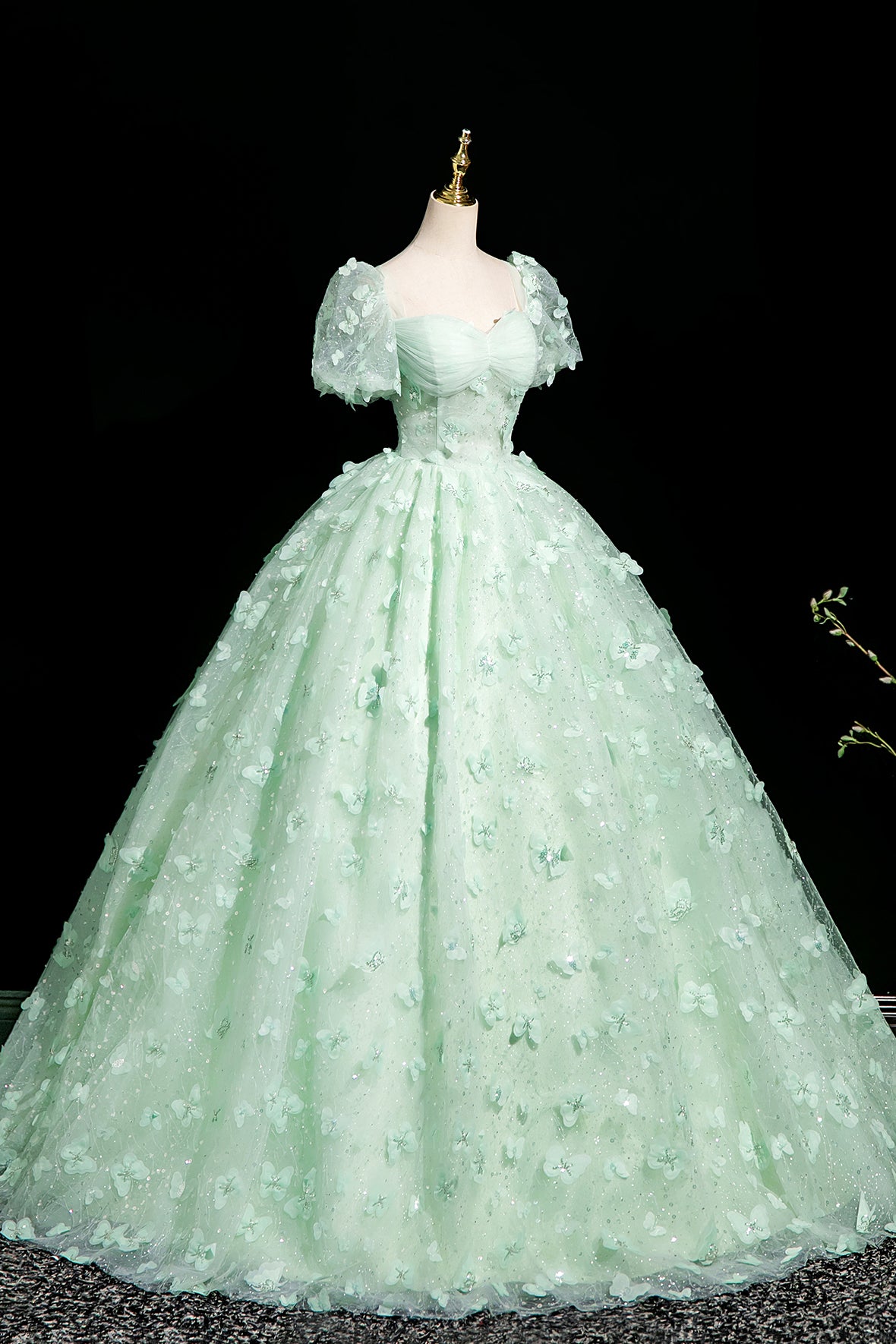 Green Tulle Butterfly Long Prom Dress, Lovely A-Line Short Sleeve Evening Party Dress