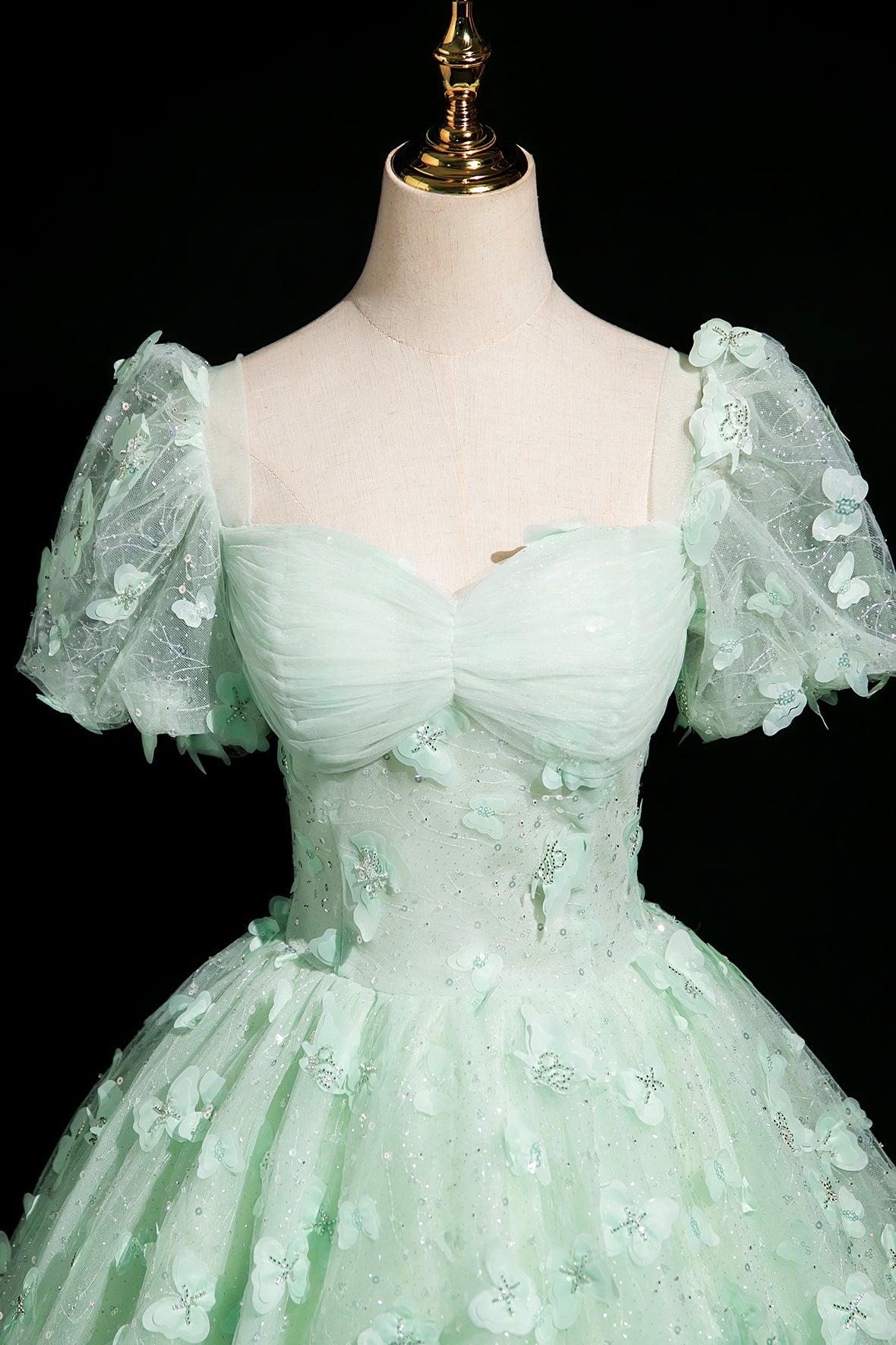 Green Tulle Butterfly Long Prom Dress, Lovely A-Line Short Sleeve Evening Party Dress