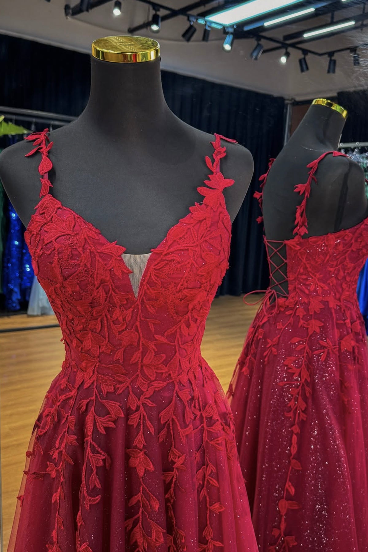 Burgundy V-Neck Lace Long Prom Dress, Beautiful A-Line Party Dress