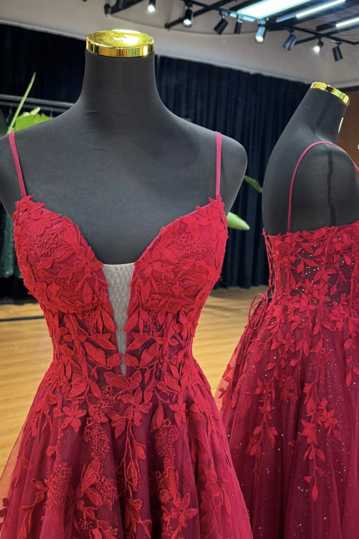 Burgundy V-Neck Lace Long Prom Dress, Beautiful A-Line Party Dress