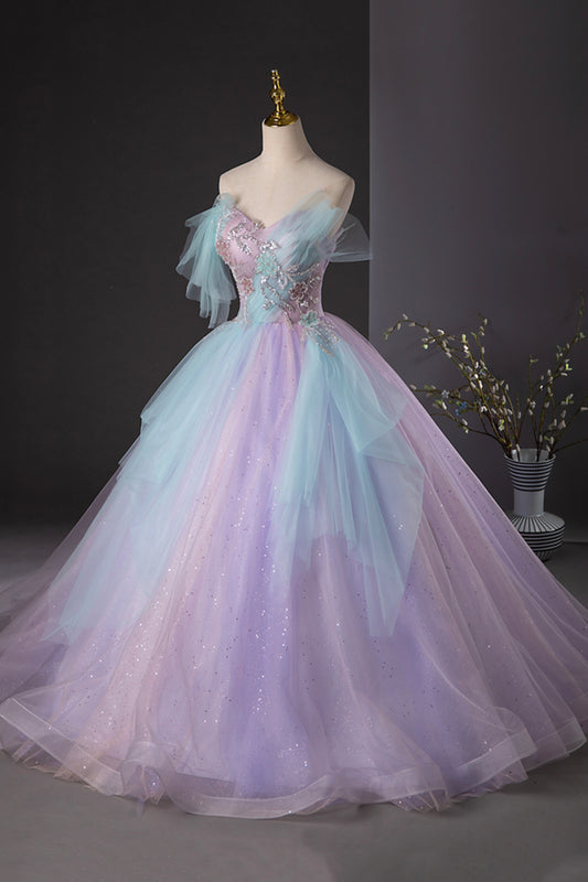 Purple and Blue Tulle Long Prom Dress, Beautiful Sequins Evening Party Dress