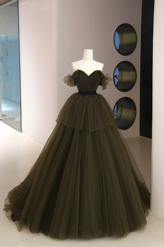 Green Tulle Long A-Line Prom Dress, Elegant Sweetheart Neck Evening Party Dress