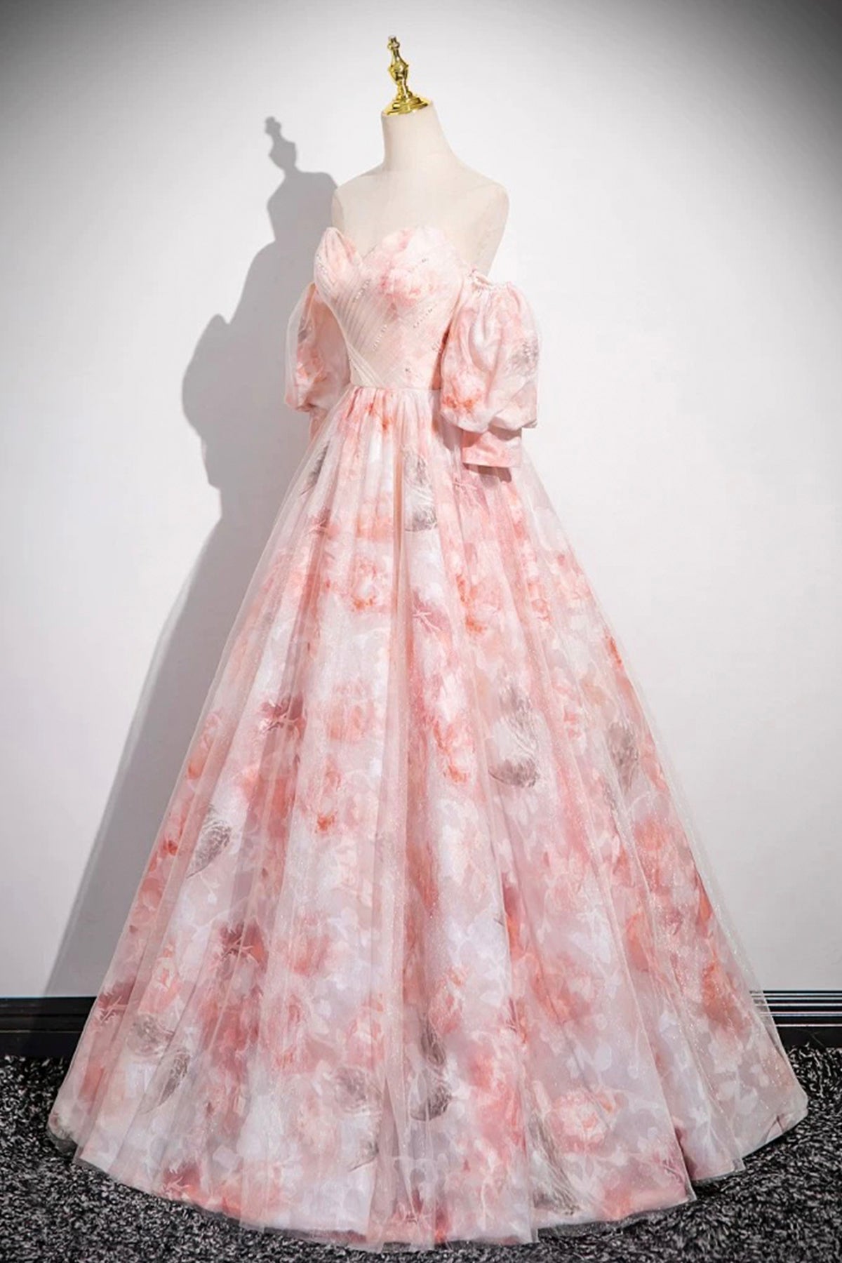 Pink Floral Tulle Long Prom Dress, Off the Shoulder Party Dress
