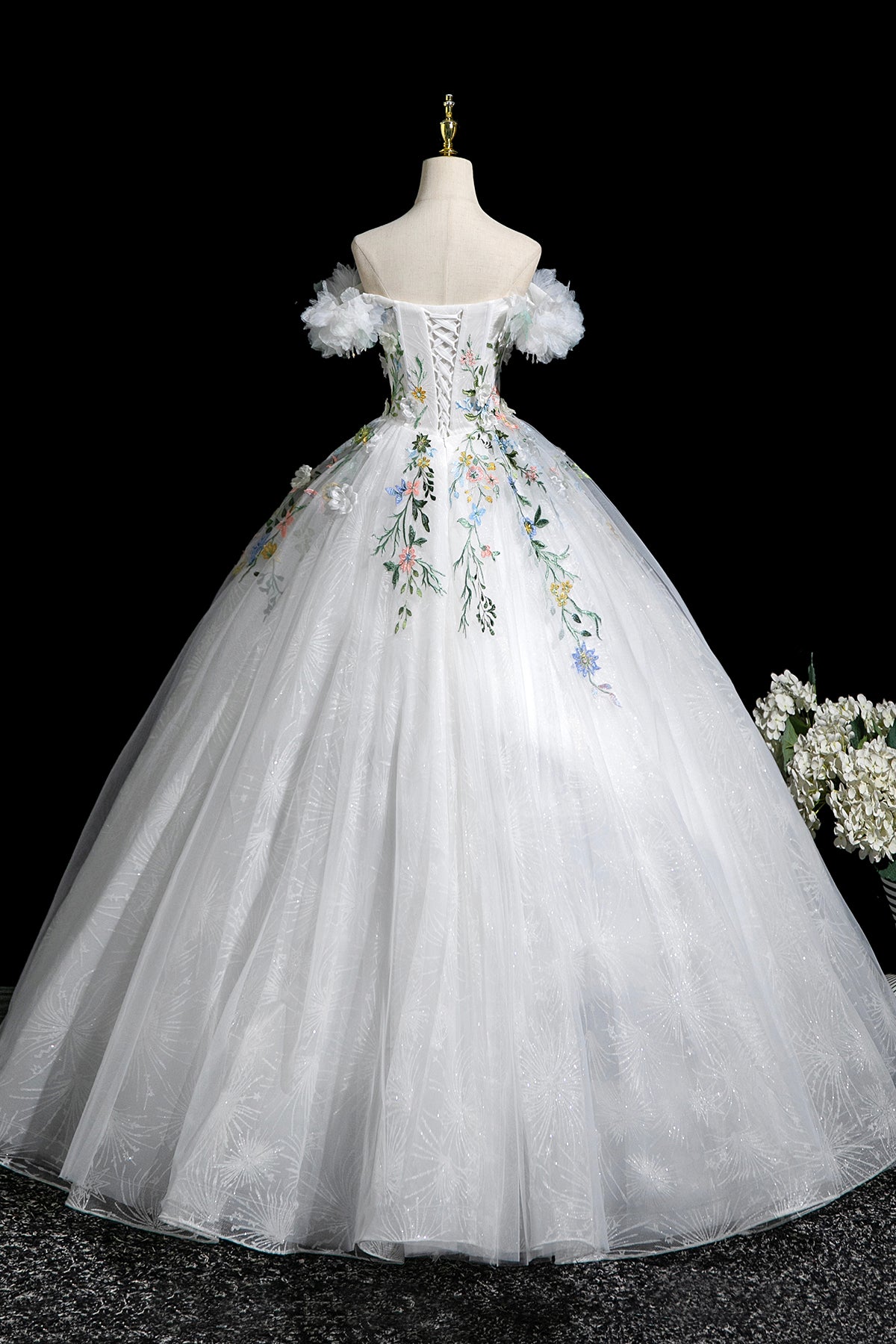 White Floral Long Party Dress, Beautiful A-Line Off the Shoulder Evening Prom Dress