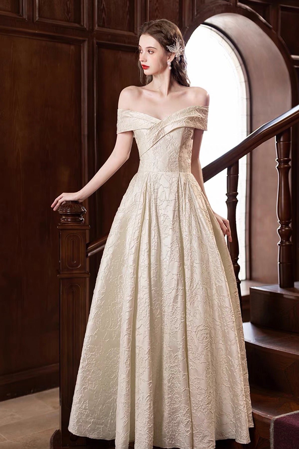 Champagne Floral Pattern Long Prom Dress, Beautiful A-Line Party Dress