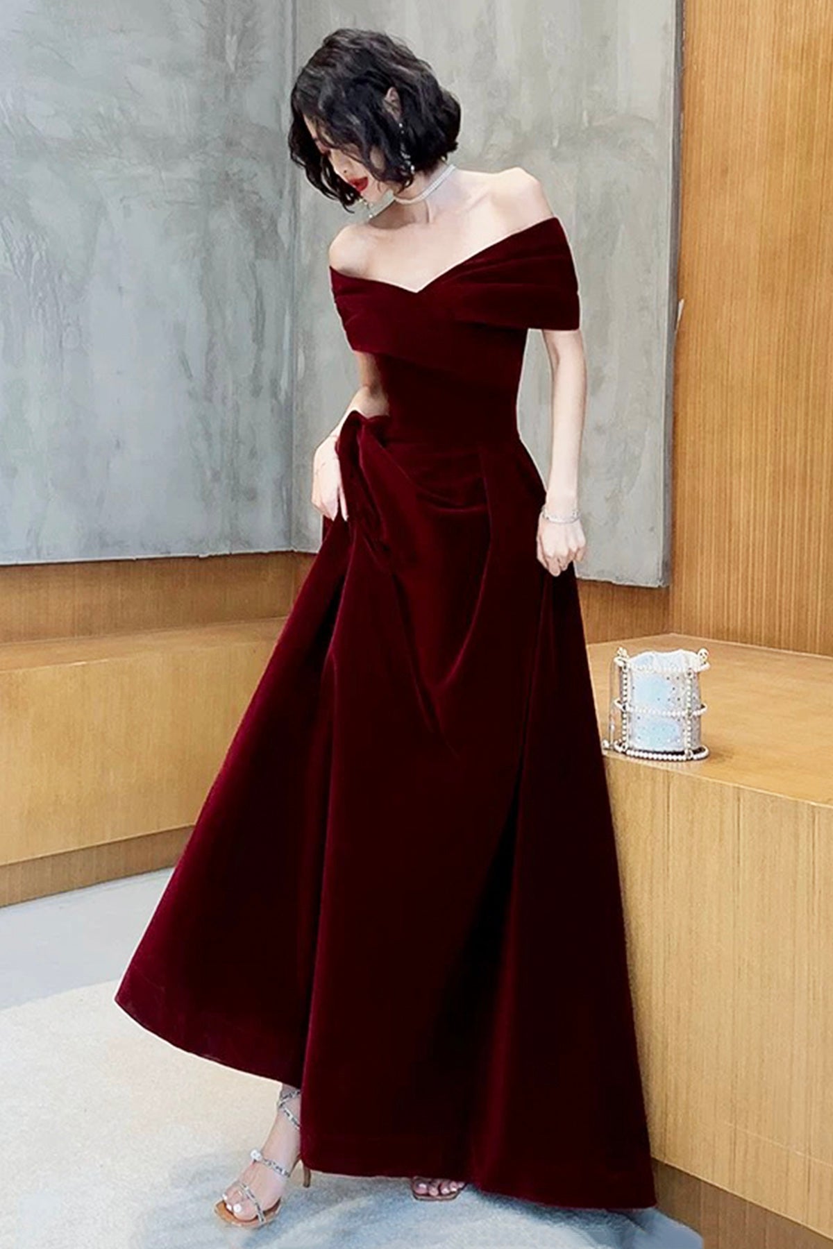 Burgundy Velvet V-Neck Long Prom Dress, A-Line Off Shoulder Party Dres girlideas Burgundy Velvet V-Neck Long Prom Dress, A-Line Off Shoulder Party Dres girlideas