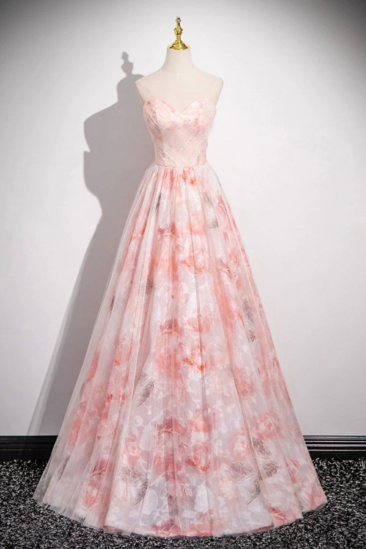 Pink Floral Tulle Long Prom Dress, Off the Shoulder Party Dress