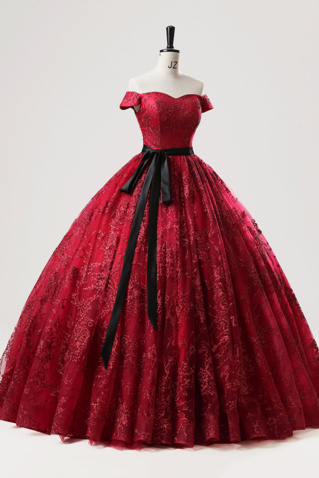 Burgundy Tulle Sequins Long Prom Dress, A-Line Off the Shoulder Party Gown