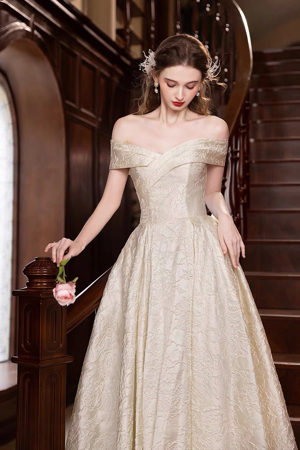 Champagne Floral Pattern Long Prom Dress, Beautiful A-Line Party Dress