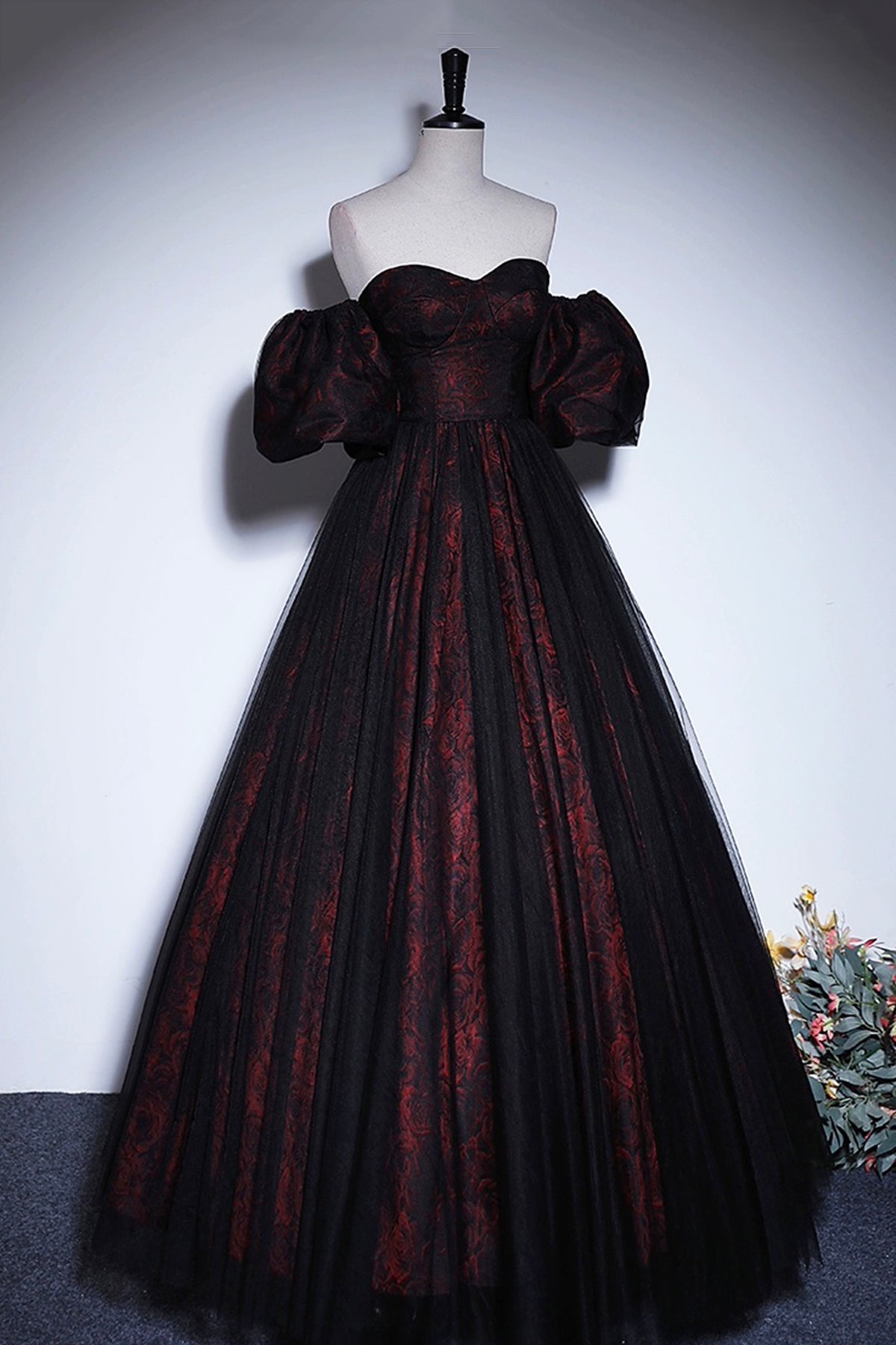 Black Tulle and Burgundy Floral Pattern Long Off Shoulder Prom Dress