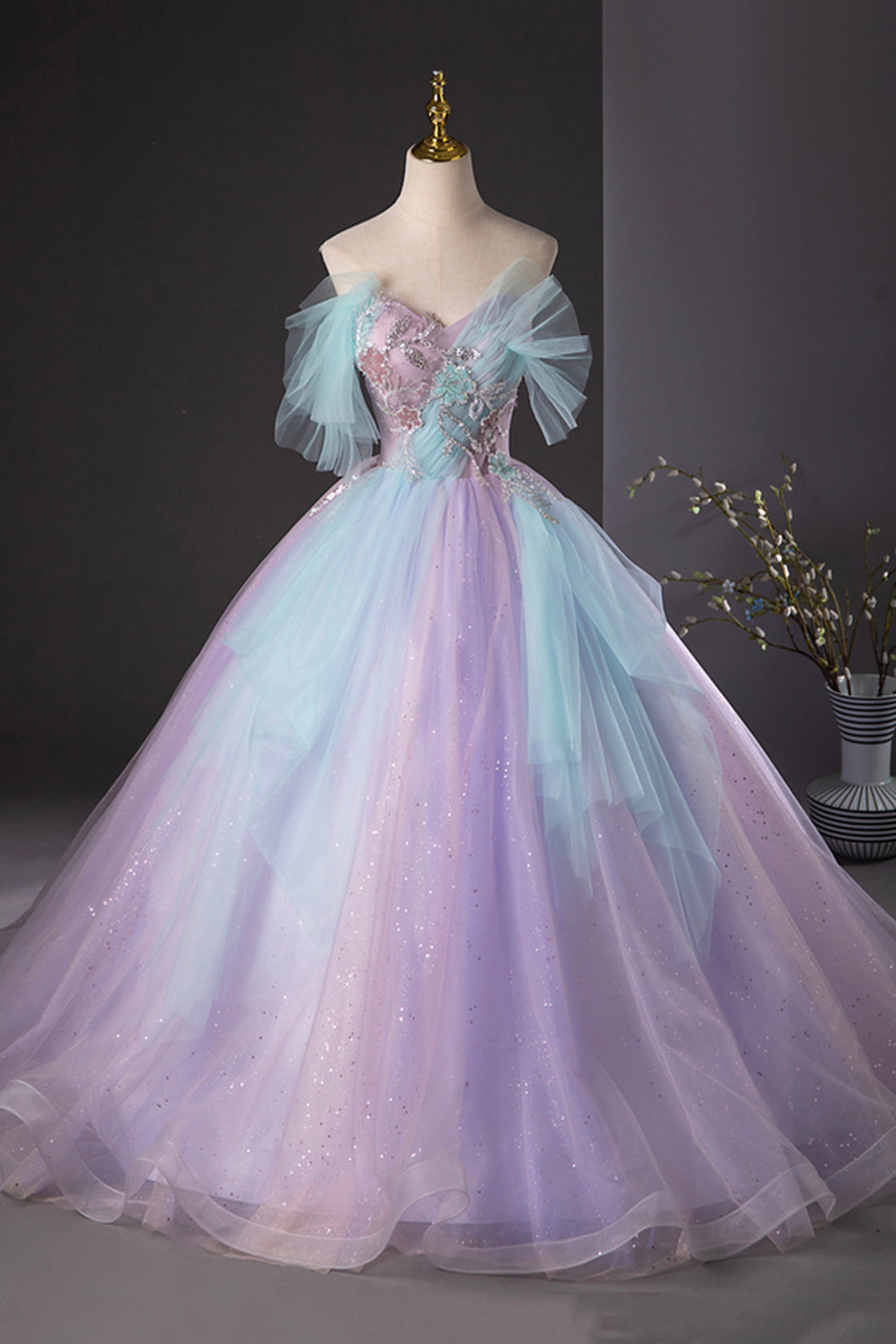 Purple and Blue Tulle Long Prom Dress, Beautiful Sequins Evening Party Dress