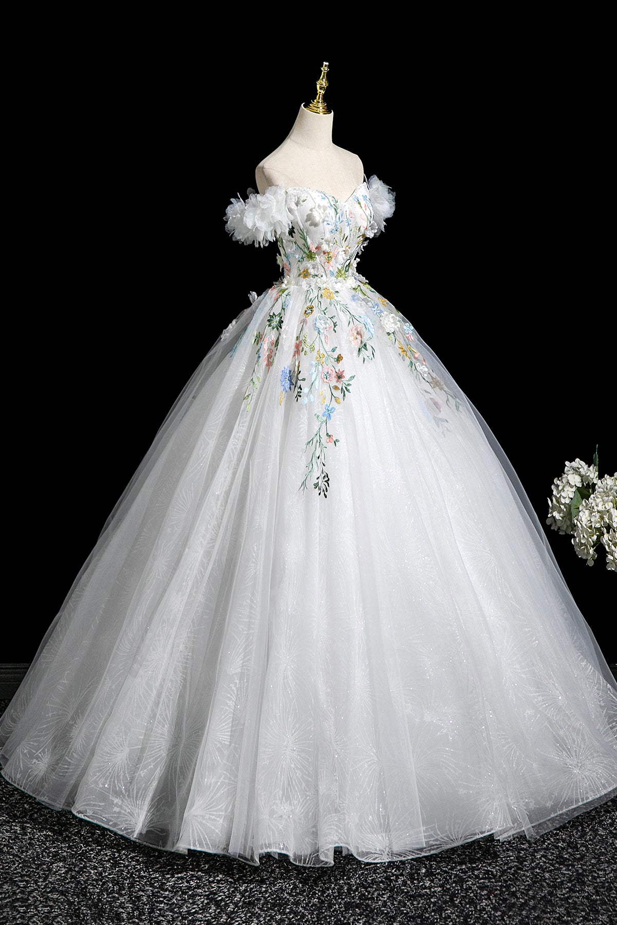 White Floral Long Party Dress, Beautiful A-Line Off the Shoulder Evening Prom Dress