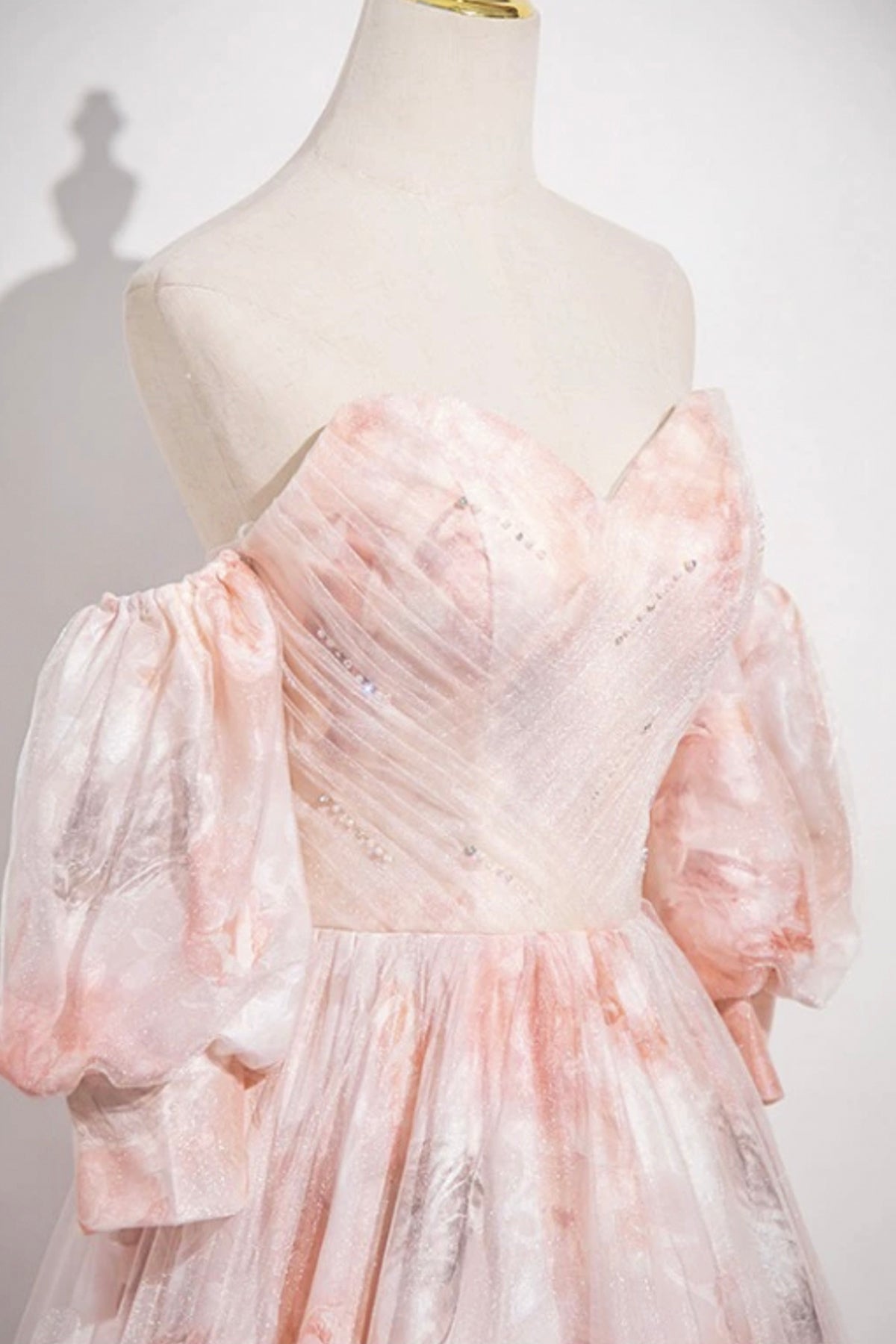 Pink Floral Tulle Long Prom Dress, Off the Shoulder Party Dress