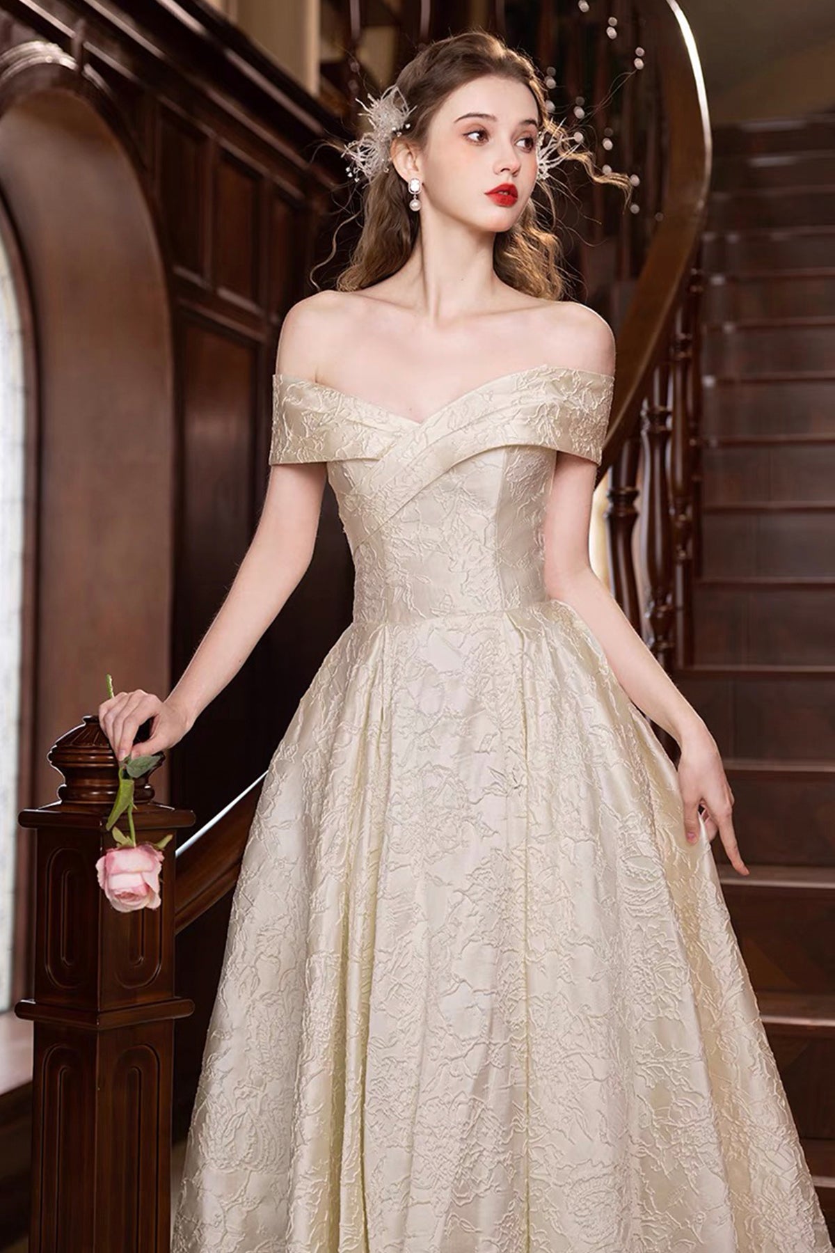 Champagne Floral Pattern Long Prom Dress, Beautiful A-Line Party Dress