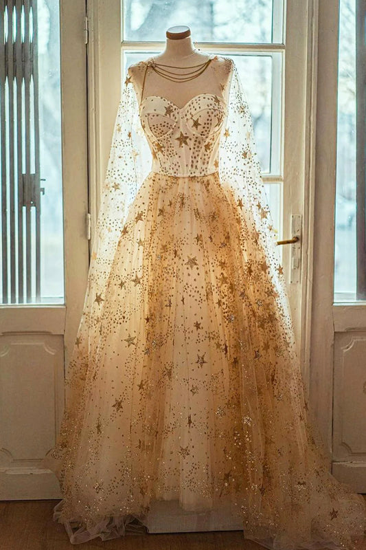 Sparkly Star Sequins Prom Dresses, Champagne Tulle A-Line Formal Dresses