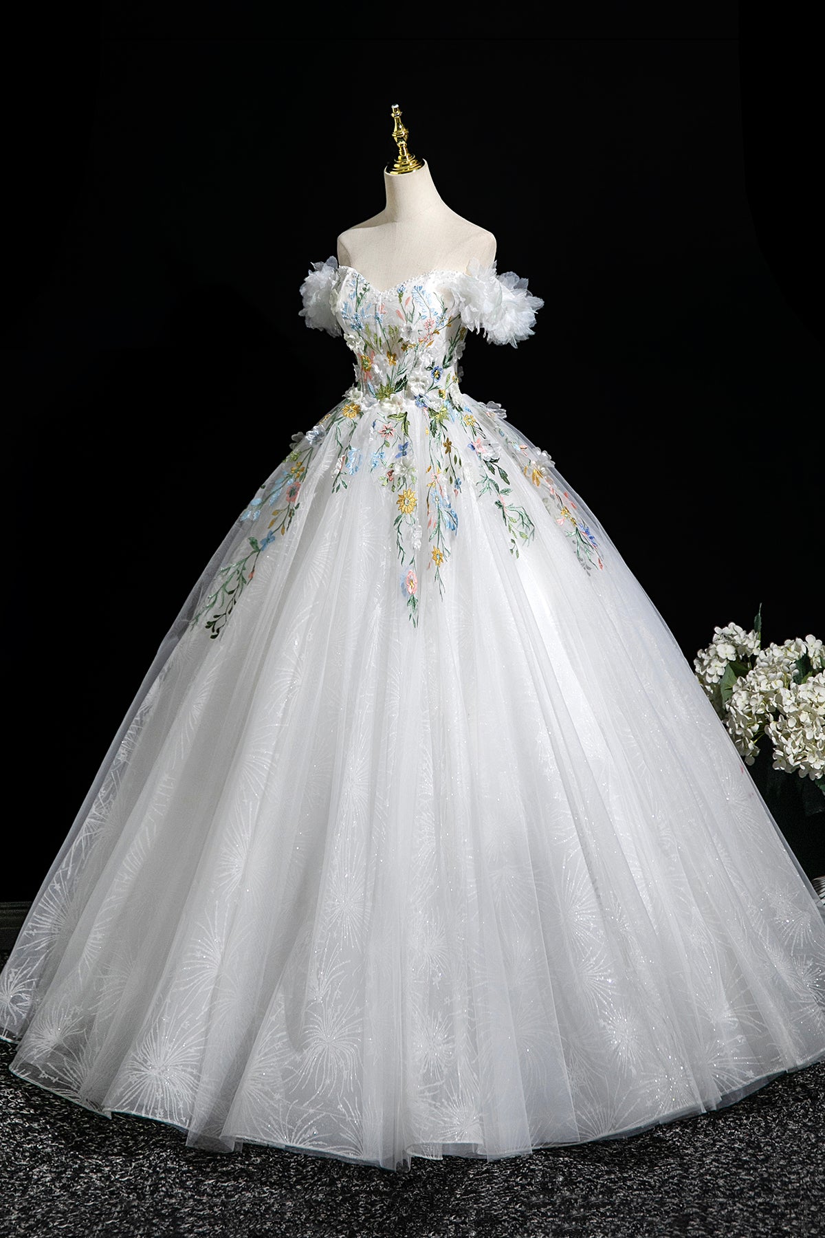 White Floral Long Party Dress, Beautiful A-Line Off the Shoulder Evening Prom Dress