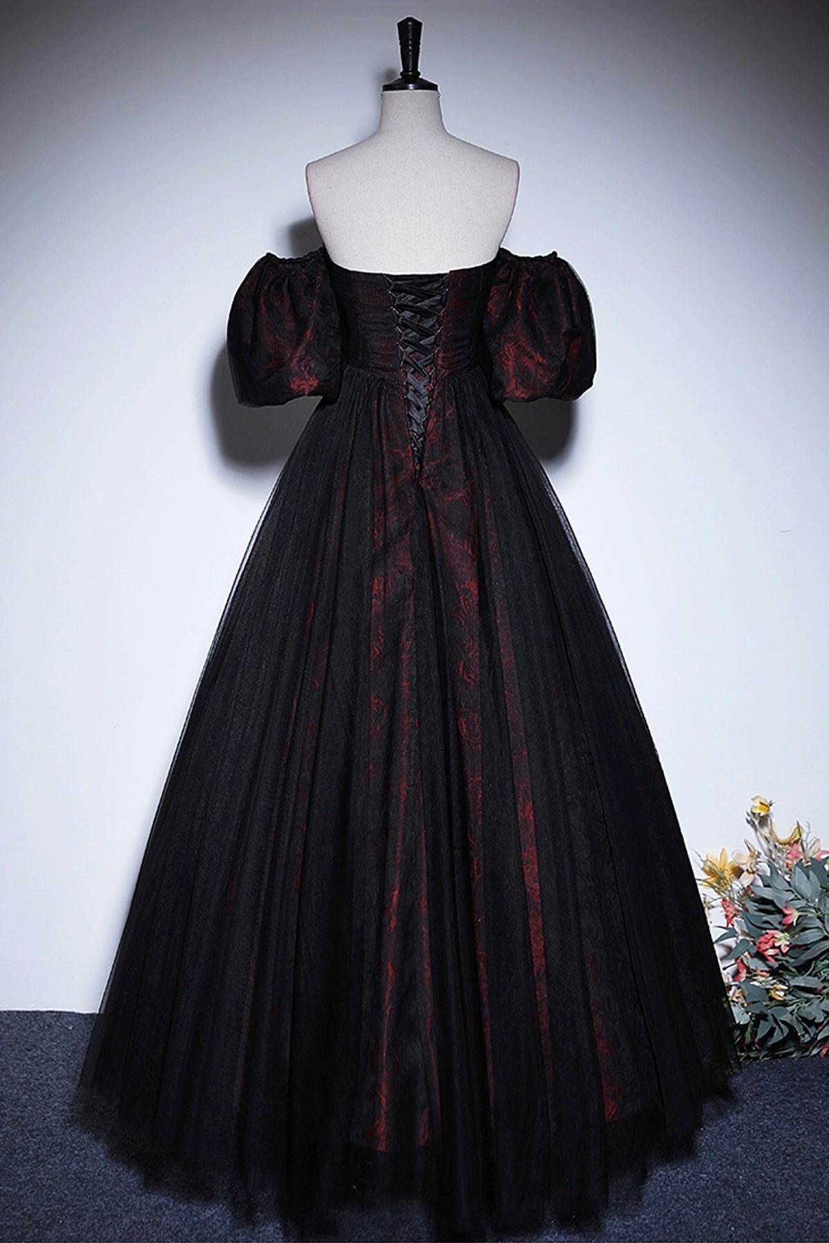 Black Tulle and Burgundy Floral Pattern Long Off Shoulder Prom Dress