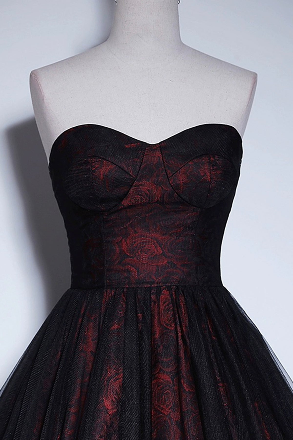 Black Tulle and Burgundy Floral Pattern Long Off Shoulder Prom Dress