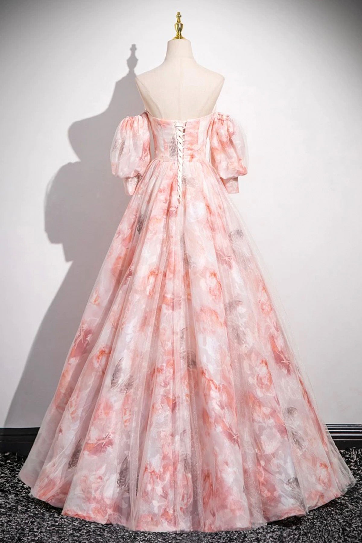 Pink Floral Tulle Long Prom Dress, Off the Shoulder Party Dress