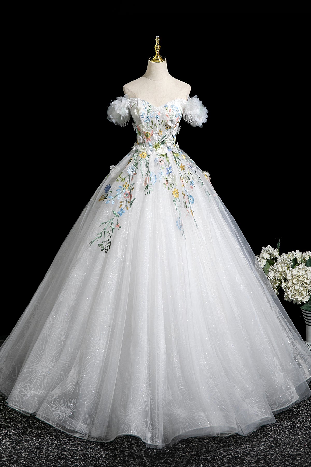 White Floral Long Party Dress, Beautiful A-Line Off the Shoulder Evening Prom Dress