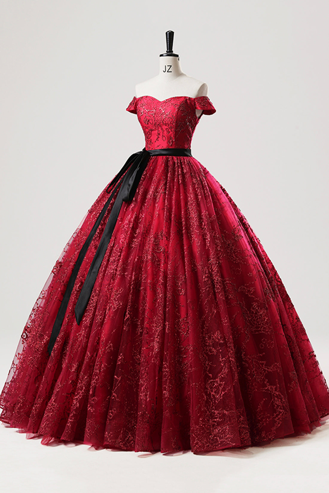 Burgundy Tulle Sequins Long Prom Dress, A-Line Off the Shoulder Party Gown