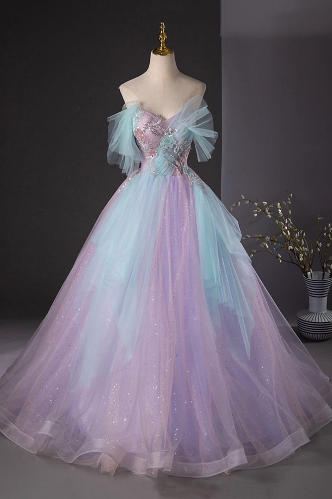 Purple and Blue Tulle Long Prom Dress, Beautiful Sequins Evening Party Dress