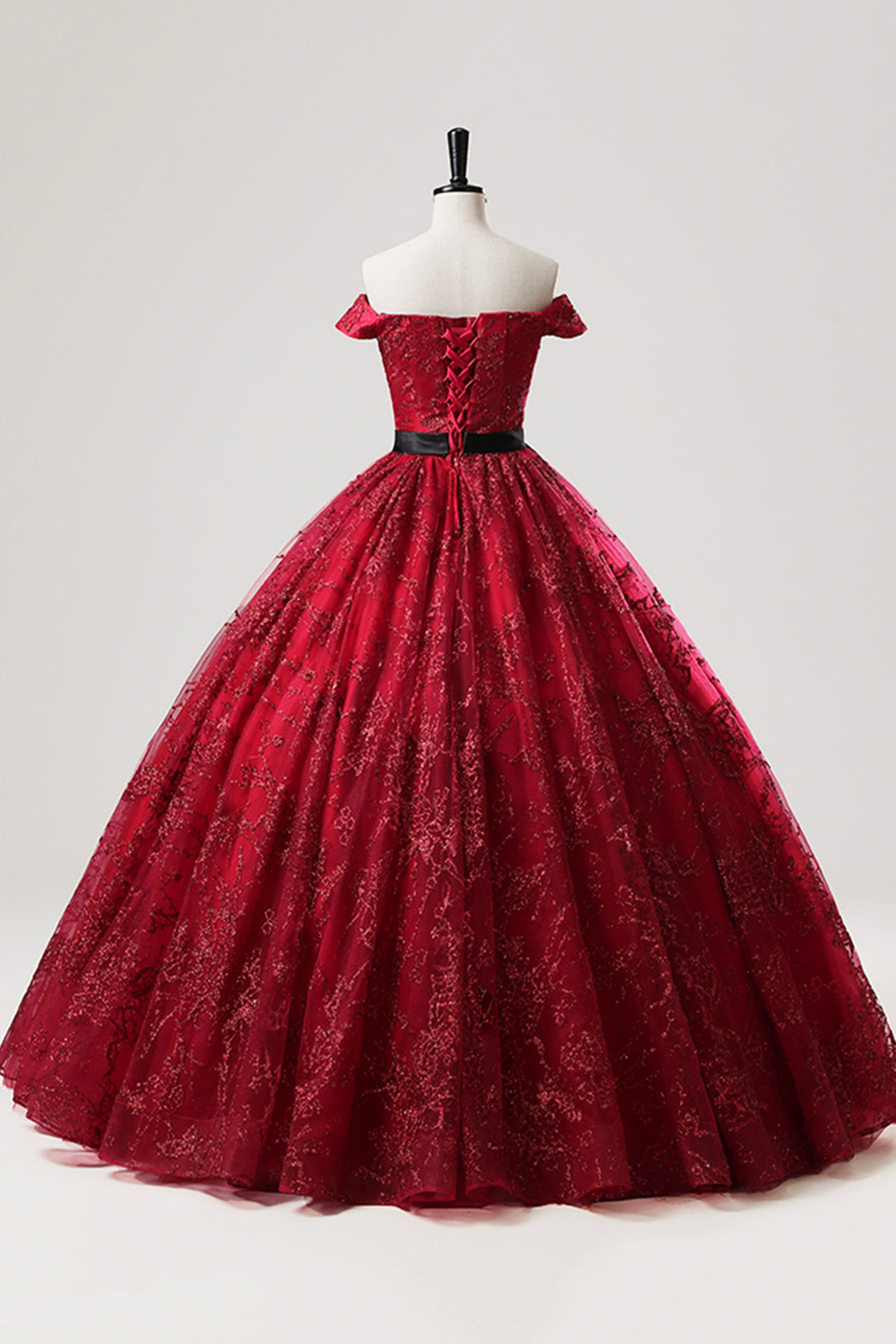 Burgundy Tulle Sequins Long Prom Dress, A-Line Off the Shoulder Party Gown