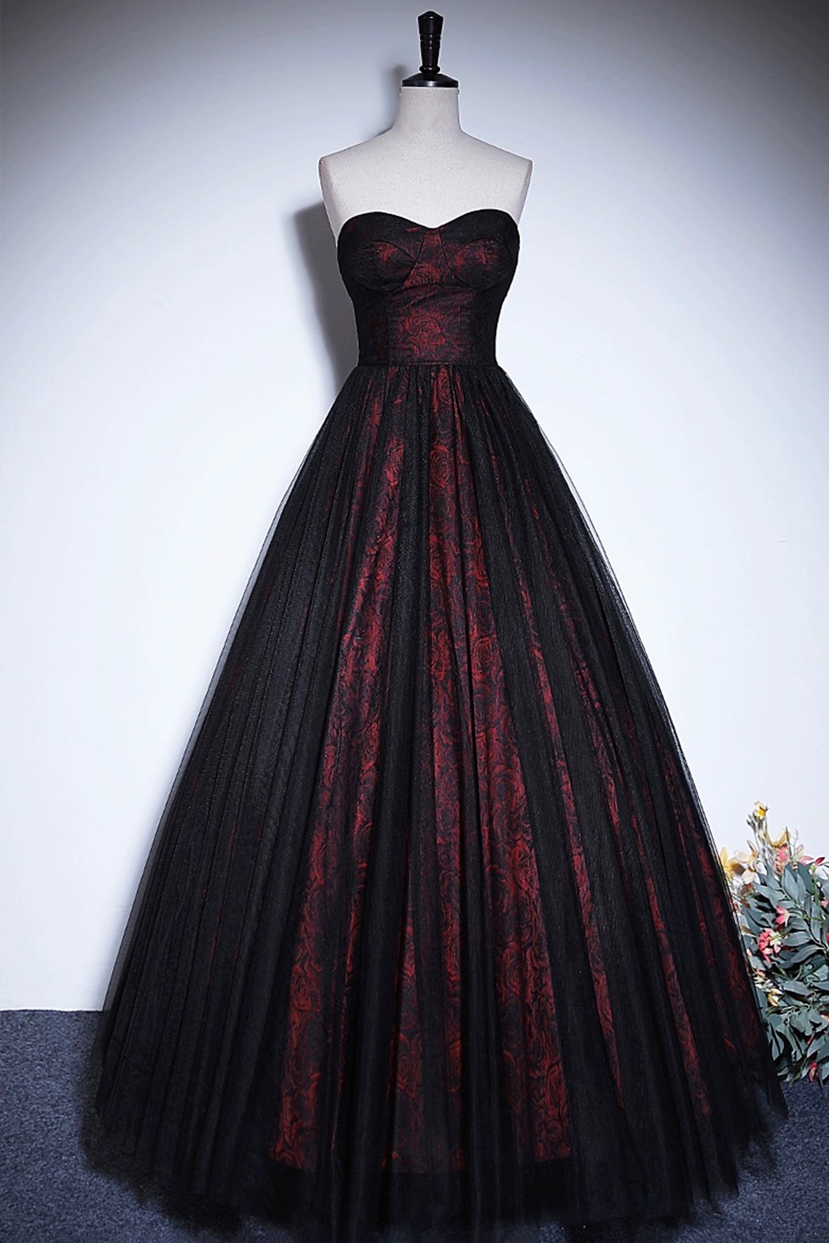 Black Tulle and Burgundy Floral Pattern Long Off Shoulder Prom Dress