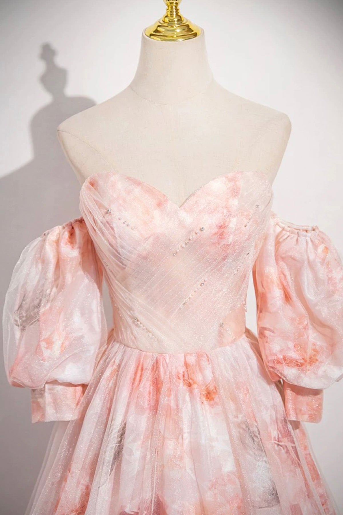 Pink Floral Tulle Long Prom Dress, Off the Shoulder Party Dress