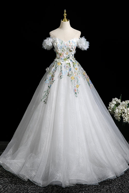White Floral Long Party Dress, Beautiful A-Line Off the Shoulder Evening Prom Dress