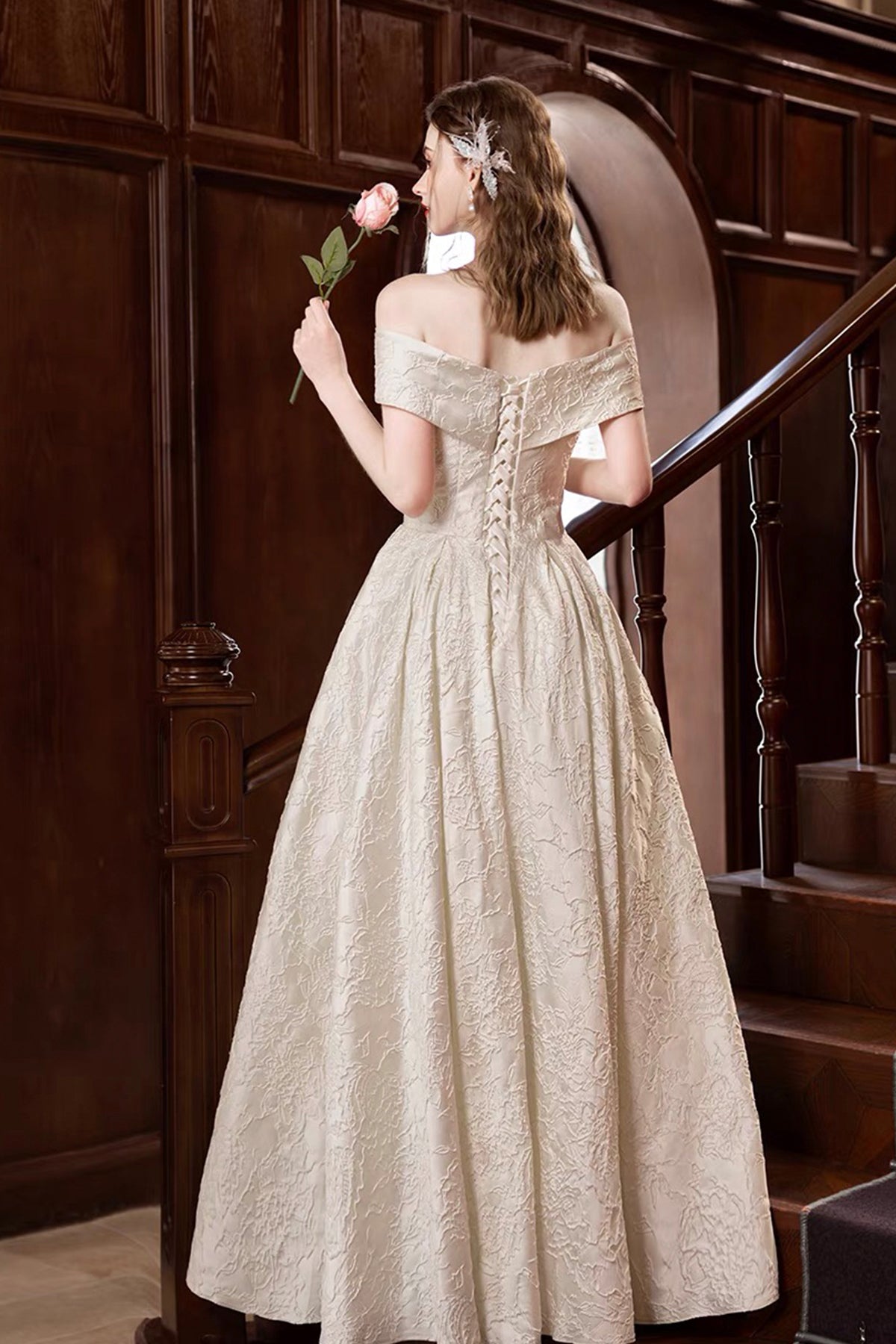 Champagne Floral Pattern Long Prom Dress, Beautiful A-Line Party Dress