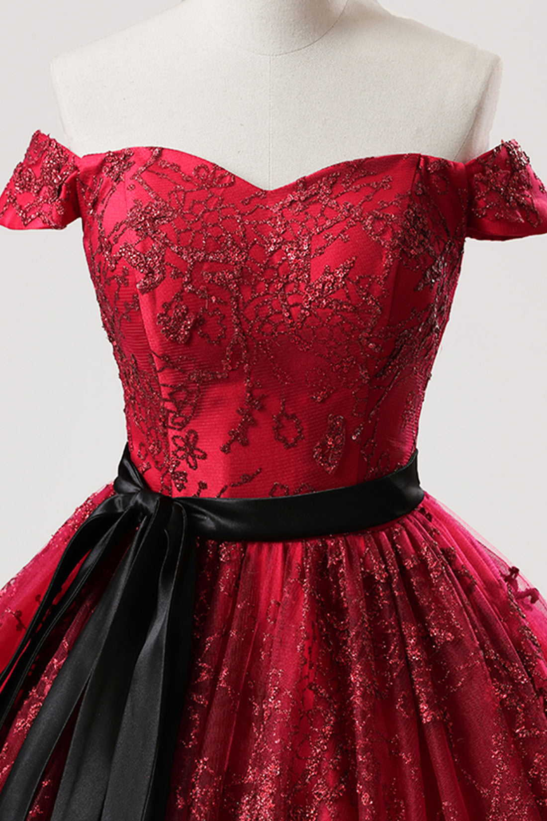 Burgundy Tulle Sequins Long Prom Dress, A-Line Off the Shoulder Party Gown