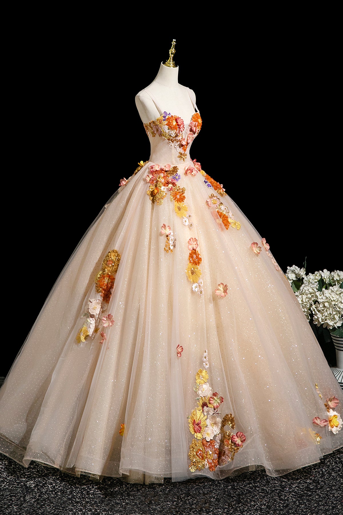 Champagne Tulle Sequins Long Prom Dress, Lovely A-Line Evening Party Dress