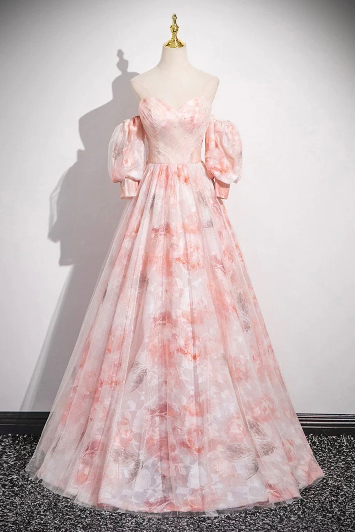 Pink Floral Tulle Long Prom Dress, Off the Shoulder Party Dress