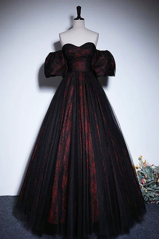 Black Tulle and Burgundy Floral Pattern Long Off Shoulder Prom Dress