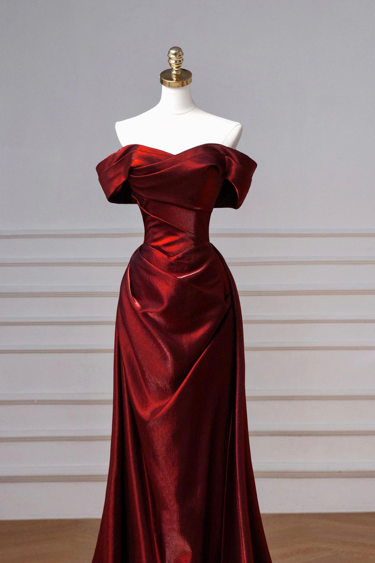 Burgundy Satin Long Prom Dress, A-Line Off the Shoulder Evening Party Dress