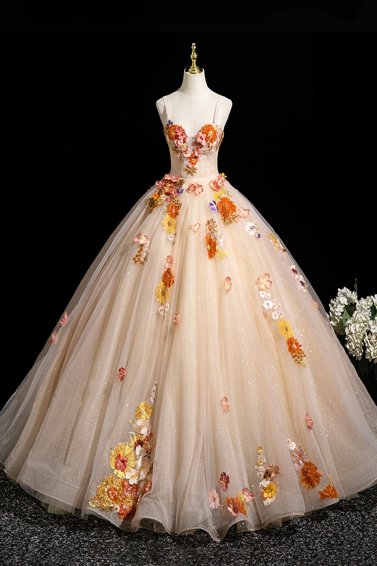 Champagne Tulle Sequins Long Prom Dress, Lovely A-Line Evening Party Dress