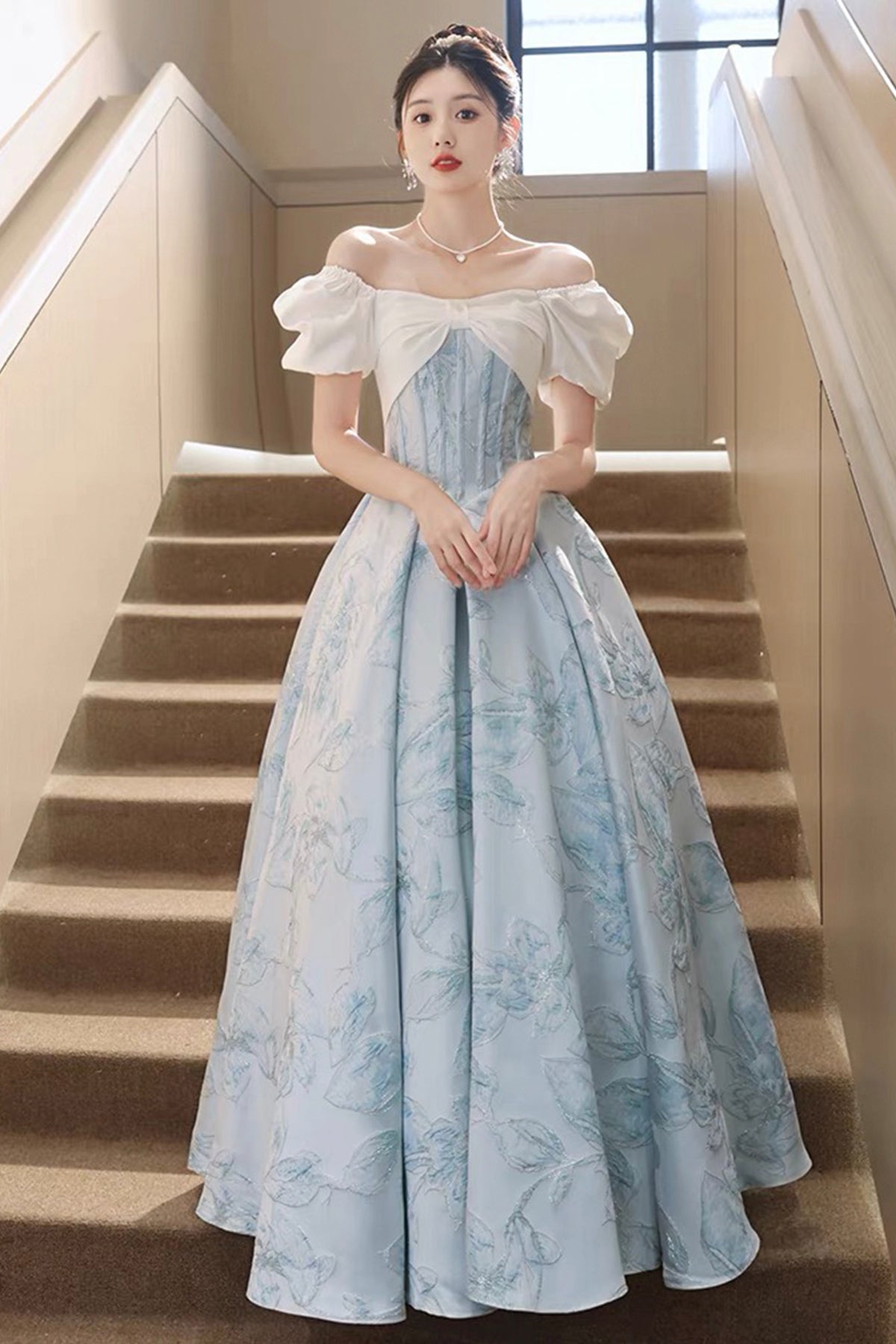 White and Blue Floral Pattern Long Prom Dress, Beautiful A-Line Party Dress