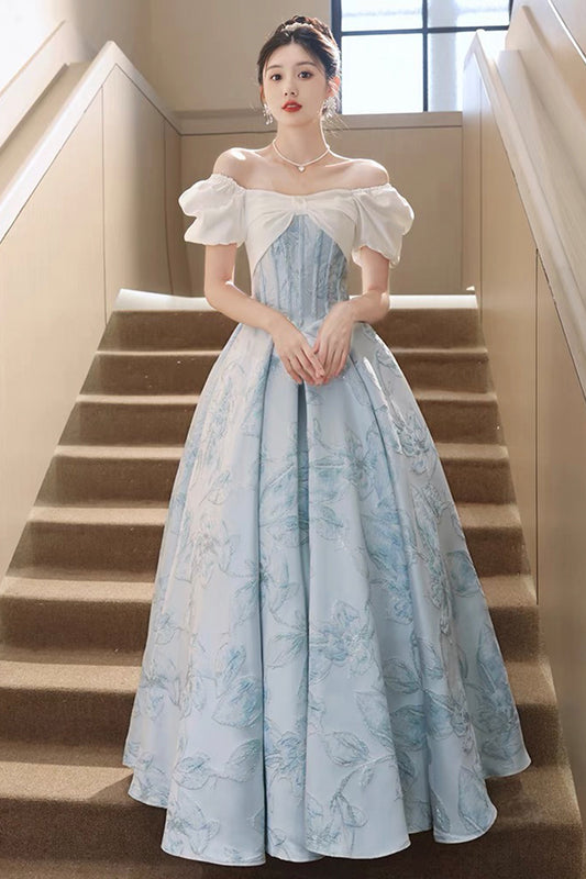 White and Blue Floral Pattern Long Prom Dress, Beautiful A-Line Party Dress
