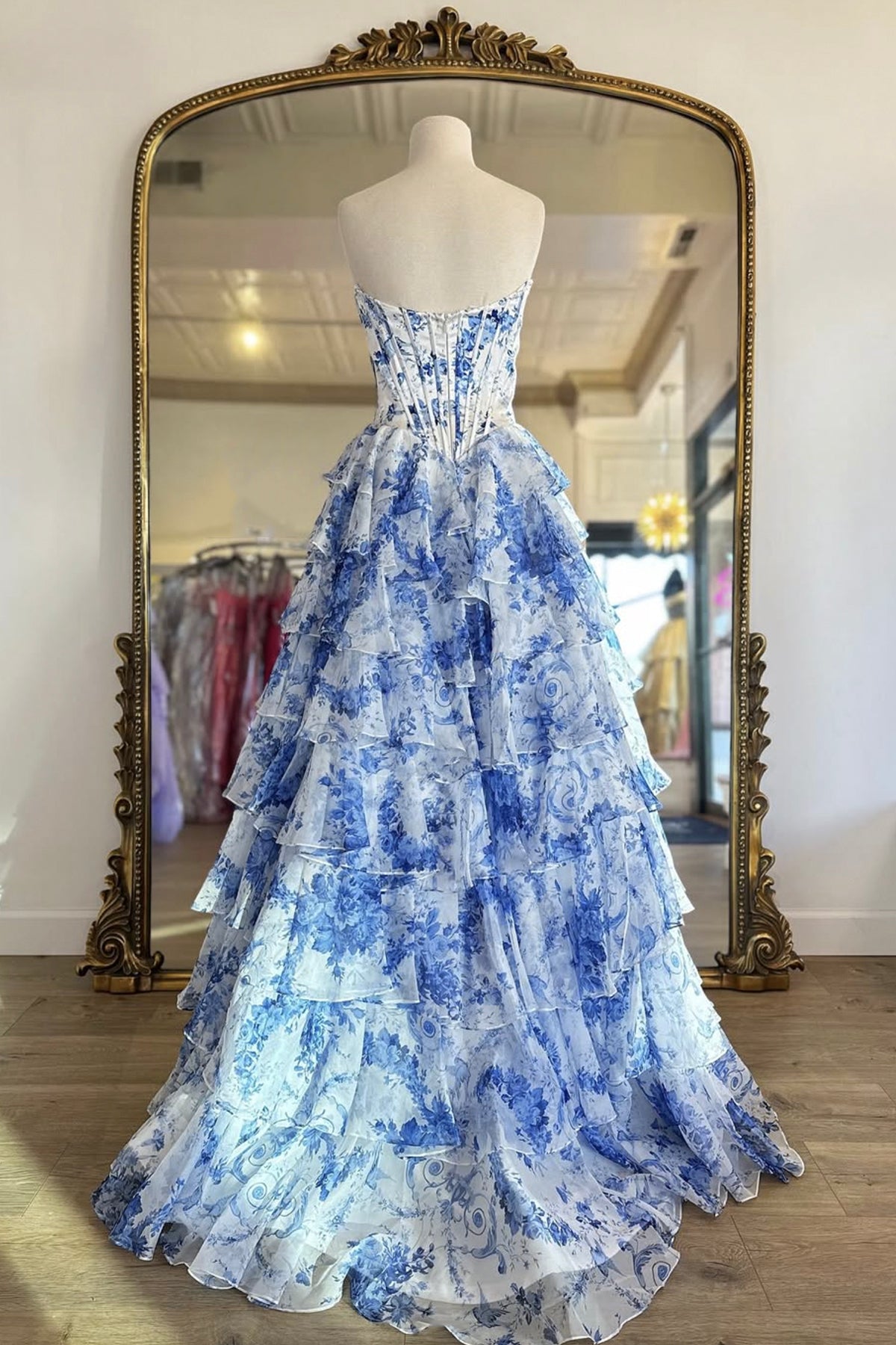 A Line Sweetheart Blue Floral Chiffon Prom Dress, Blue A-Line Party Dress