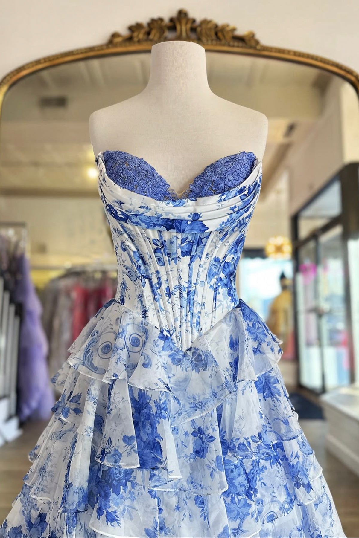 A Line Sweetheart Blue Floral Chiffon Prom Dress, Blue A-Line Party Dress