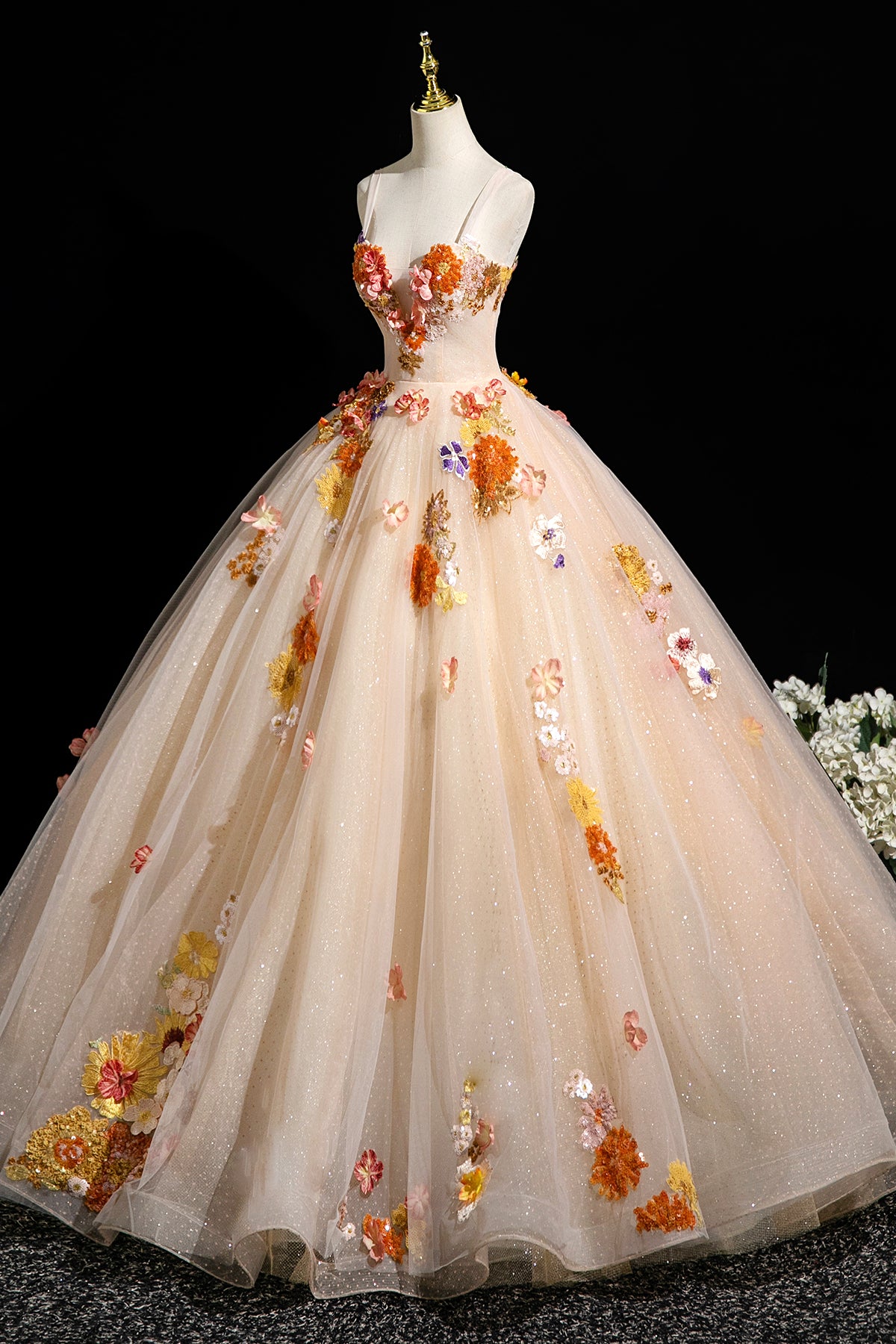 Champagne Tulle Sequins Long Prom Dress, Lovely A-Line Evening Party Dress