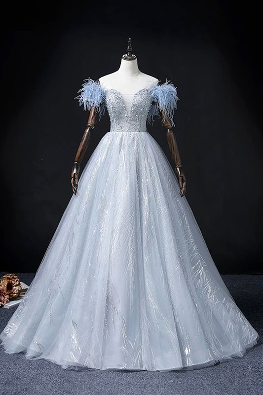 Blue Tulle Beads Long Prom Dress, Elegant A-Line Evening Party Dress