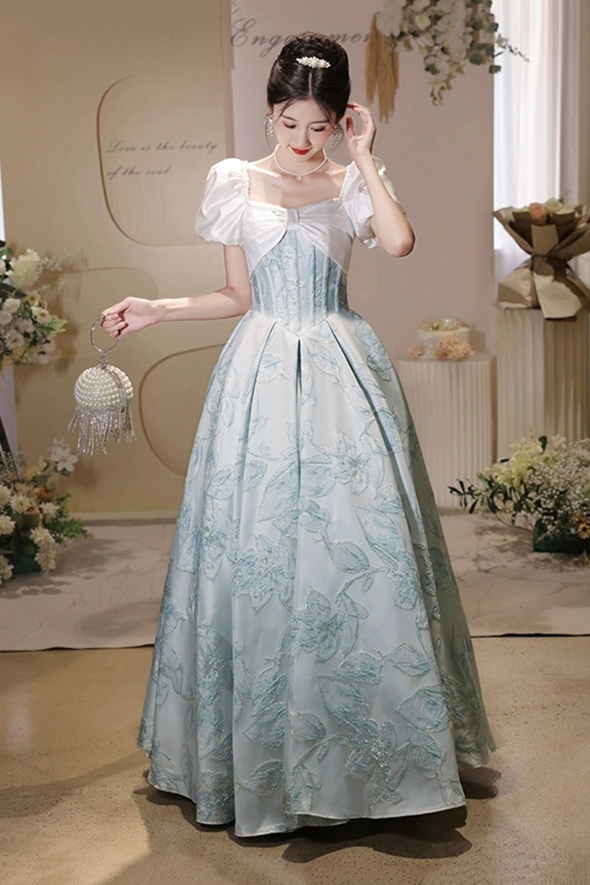 White and Blue Floral Pattern Long Prom Dress, Beautiful A-Line Party Dress