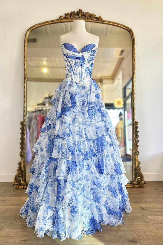 A Line Sweetheart Blue Floral Chiffon Prom Dress, Blue A-Line Party Dress